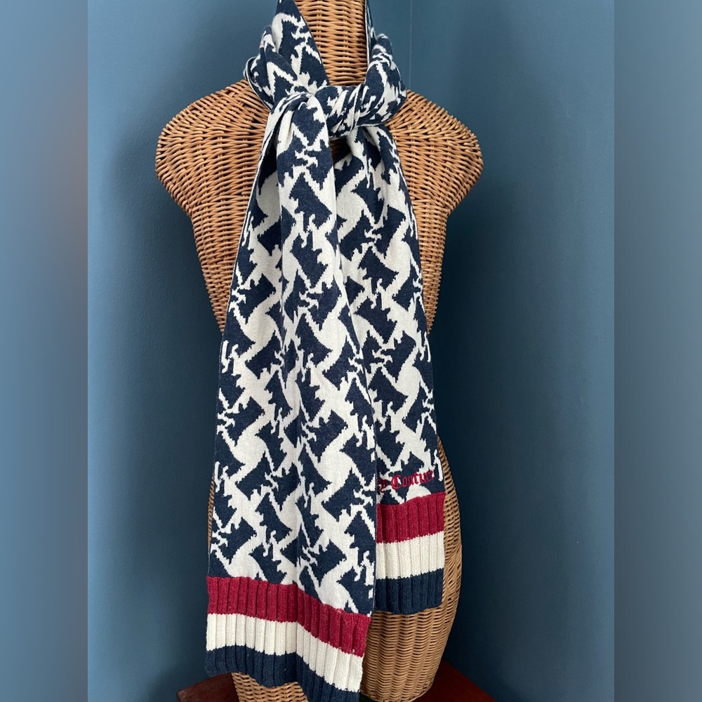 Juicy Couture Wool Cotton Winter Scarf Red White Blue Dog Pattern 8 x 71